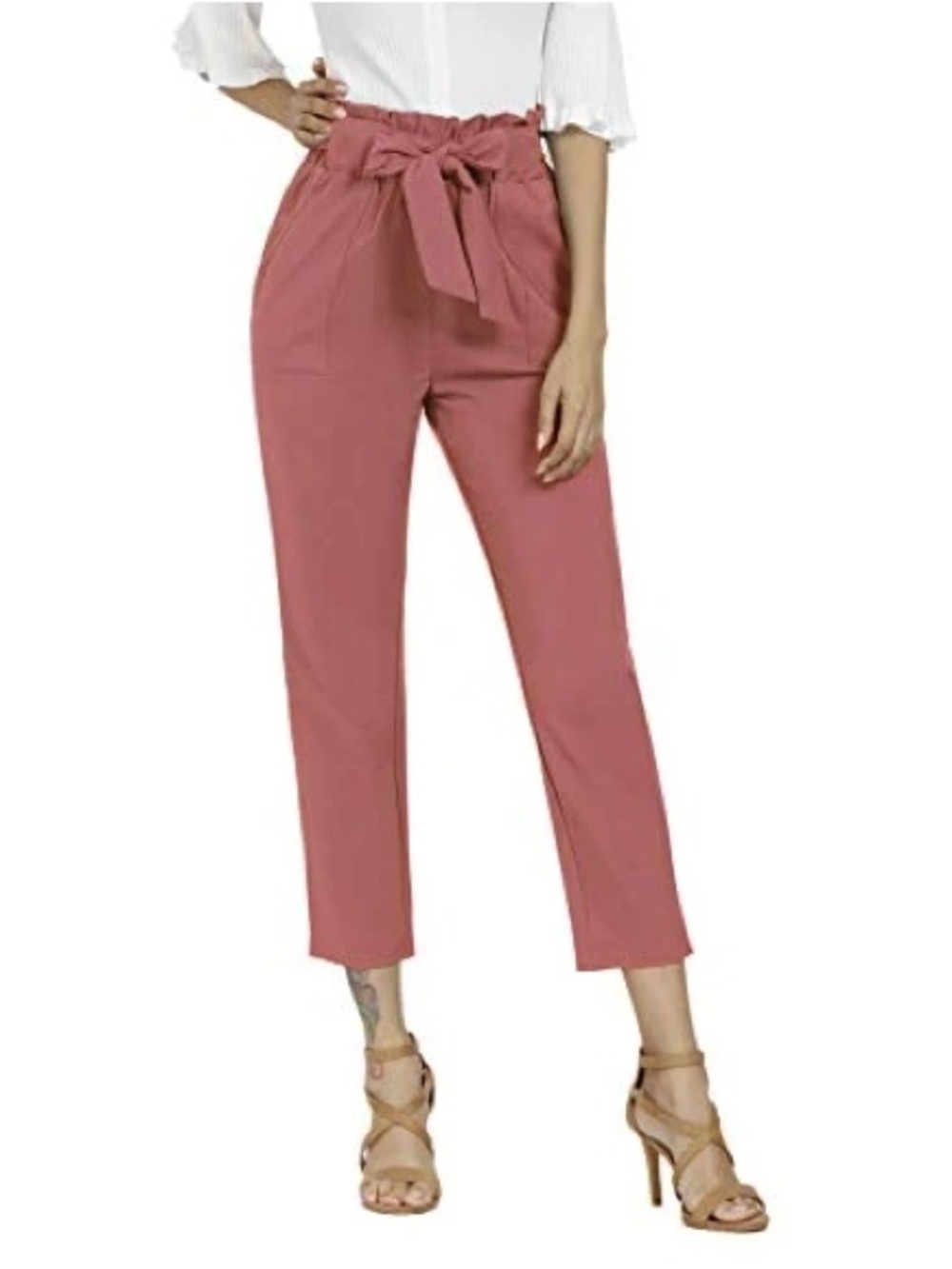 High-Waist Paperbag Tie Cropped Pants in Dusty Rose